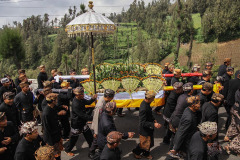 Warga mengarak ancak berisi sesaji kepala kerbau untuk dibawa ke Sanggar saat upacara Unan-Unan di Desa Ngadisari, Probolinggo, Jawa Timur, pada 23 April 2024.