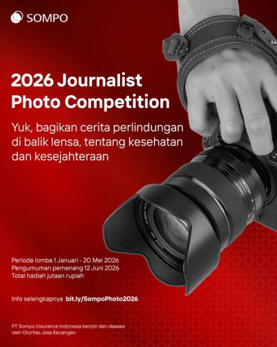 Poster lomba foto 2026 Journalist Photo Competition oleh Sompo Insurance bertema kesehatan dan kesejahteraan bagi pewarta foto