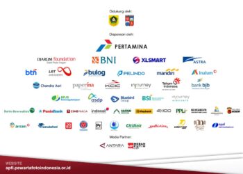 Poster digital berisi daftar lengkap logo mitra pendukung, sponsor korporasi, dan media partner resmi Anugerah Pewarta Foto Indonesia (APFI) 2026, dengan Pertamina sebagai sponsor utama di atas latar belakang putih bersih.